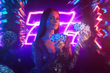 A stylish woman beside vibrant slot machines displaying glowing sevens, showcasing the variety of top slots at 7555BETT.